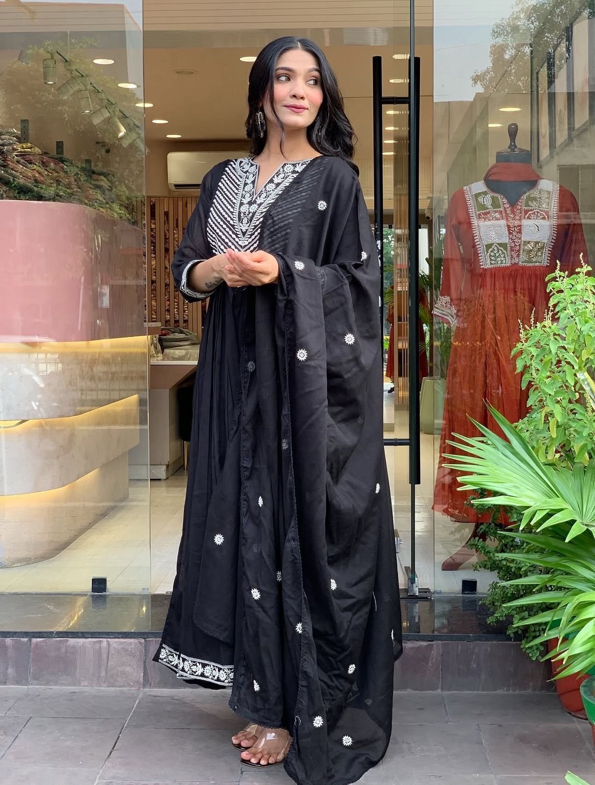 cotton designer embroidered Anarkali 3-piece set